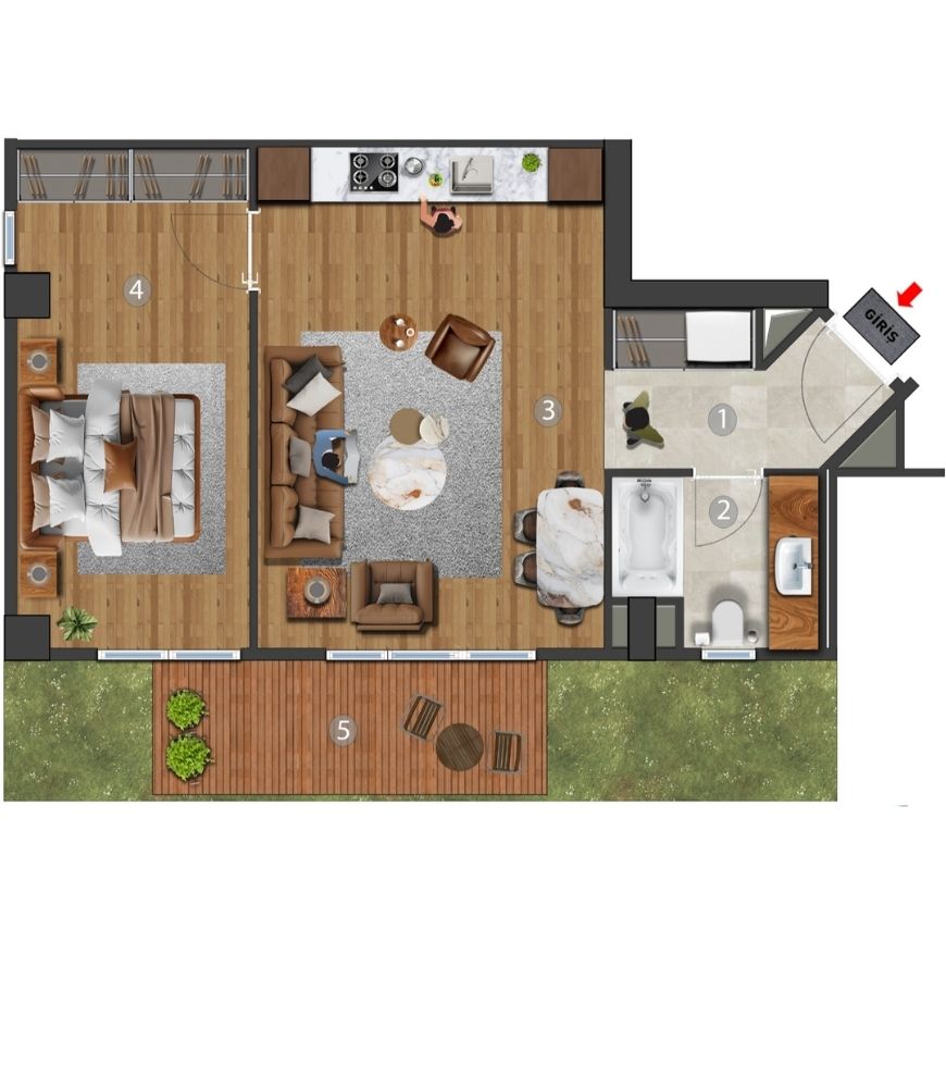 1+1 Bahçe Katı Köşe Daire — Kat Planı