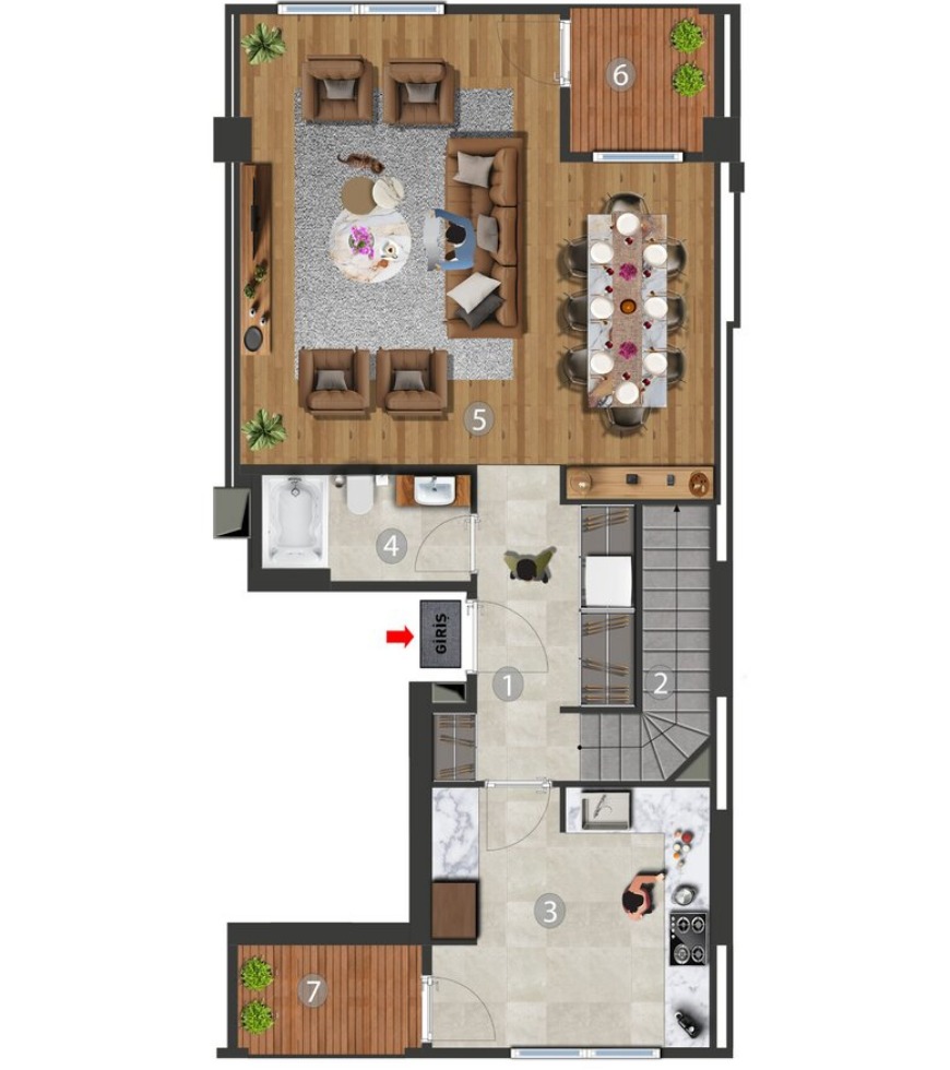 2+1 Ara Çatı Dubleks Daire — Alt Kat