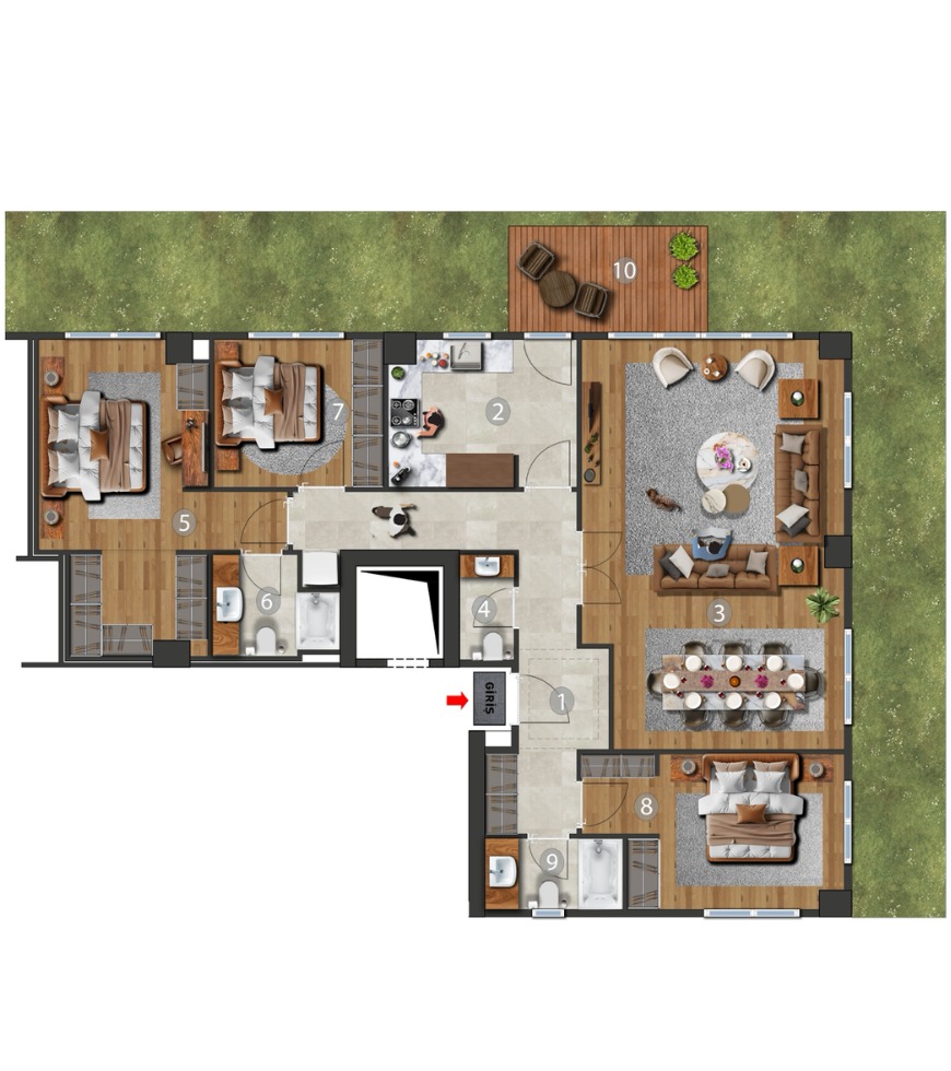 3+1 Bahçe Katı Köşe Daire — Kat Planı