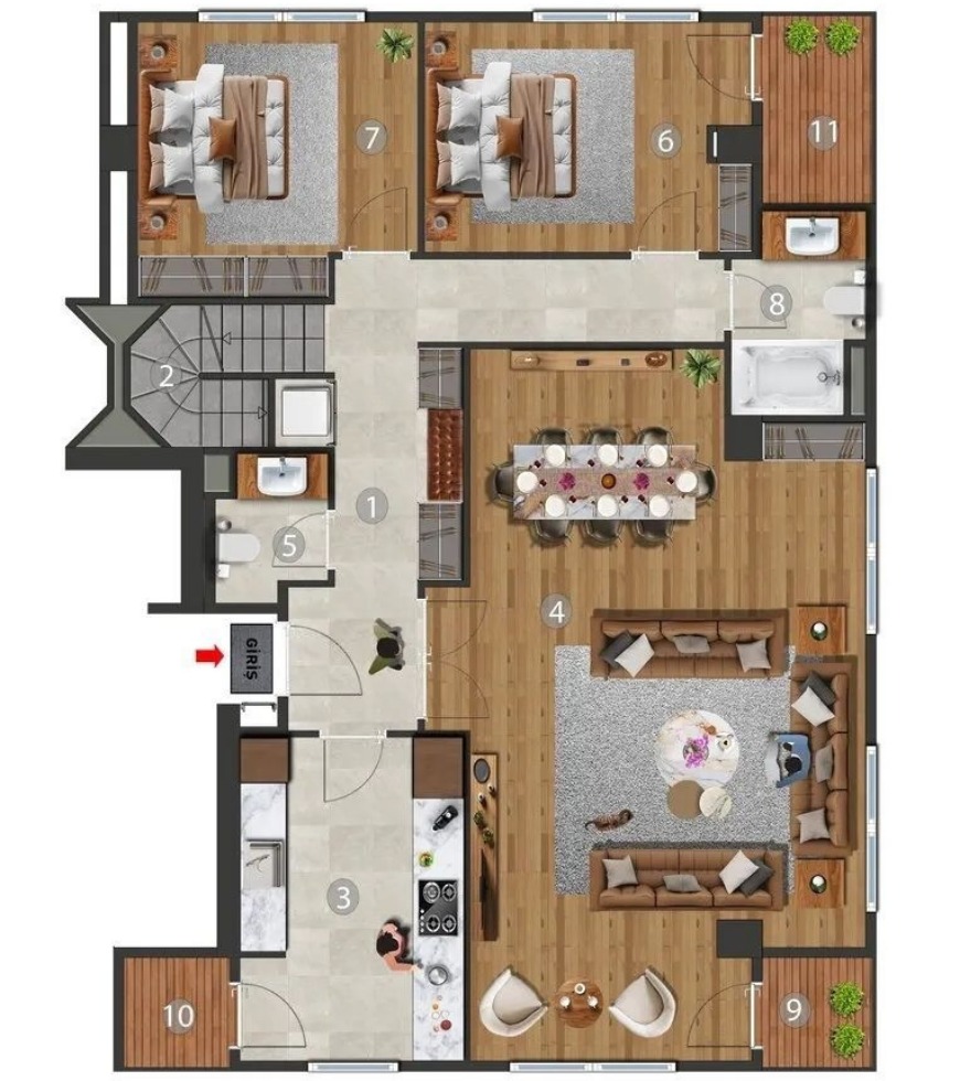 3+1 Köşe Çatı Dubleks Daire — Alt Kat