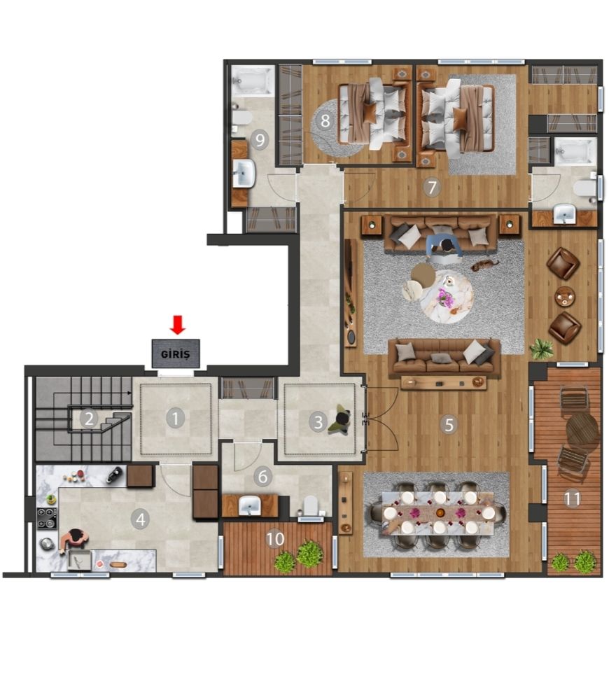 4+1 Çatı Köşe Dubleks Daire — Alt Kat