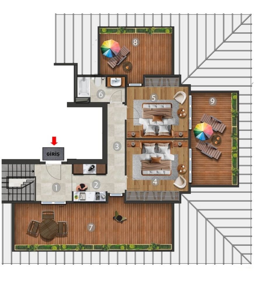 4+1 Çatı Köşe Dubleks Daire — Üst Kat