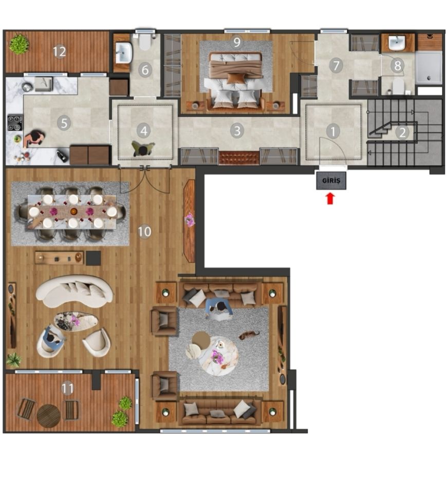 4+1 Çatı Ara Dubleks Daire — Alt Kat
