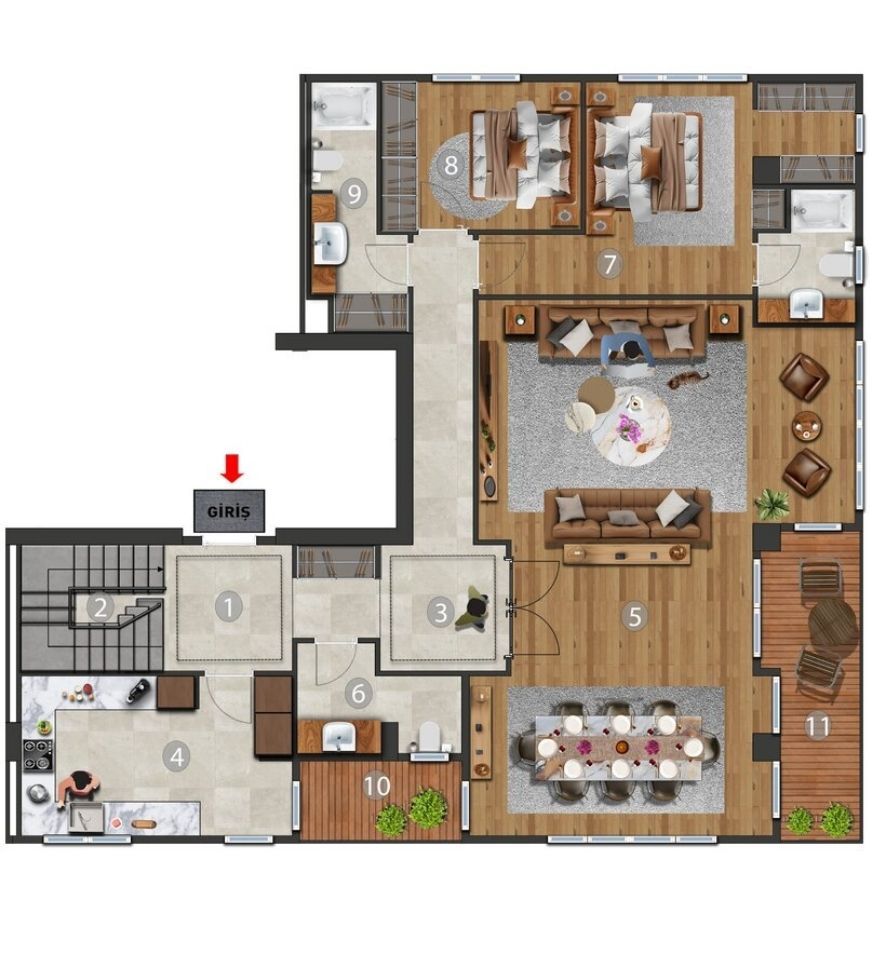 4+1 Çatı Köşe Dubleks Daire — Alt Kat