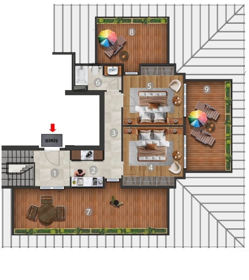 4+1 Çatı Köşe Dubleks Daire — Üst Kat